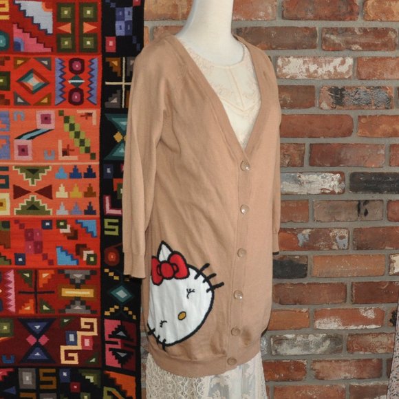 Hello Kitty Long Cardigan Forever 21 Limited Edition Button-up Knit SWEATER Tan - Picture 1 of 3